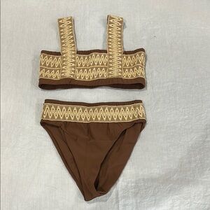 Brown Embroidered High-Waist Bikini Set